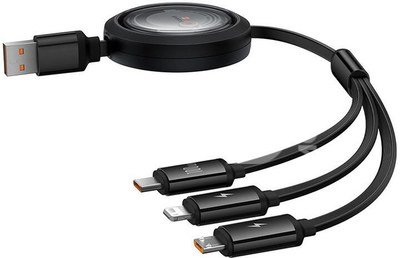3-in-1 Baseus Free2Draw USB to M+L+C 100W cable, 1.1 m (black)