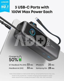 Anker Zolo Powerbank | A1695H11 | 25000 mAh | Built-In USB-C and Retractable Cable) | Grey
