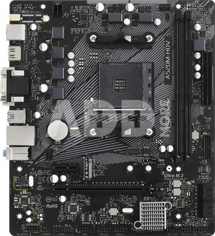 ASRock A520M-HDV Processor family AMD, Processor socket AM4, DDR4 DIMM, Memory slots 2, Supported hard disk drive interfaces  SATA, M.2, Number of SATA connectors 4, Chipset AMD A520, Micro ATX