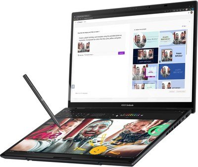 Asus | Zenbook Duo UX8406CA-QL287W | Inkwell Gray | 14 " | OLED | Touchscreen | FHD | 1920 x 1200 pixels | Intel Core Ultra 7 | 255H | 16 GB | LPDDR5X | Solid-state drive capacity 1000 GB | Intel Arc Graphics | Windows 11 Home | 802.11be | Bluetooth version 5.4 | Keyboard language US international | Keyboard backlit | Warranty 24 month(s) | Battery warranty 12 month(s)