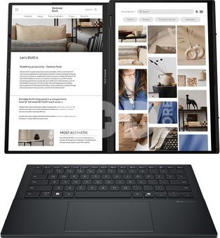 Asus | Zenbook Duo UX8406CA-QL287W | Inkwell Gray | 14 " | OLED | Touchscreen | FHD | 1920 x 1200 pixels | Intel Core Ultra 7 | 255H | 16 GB | LPDDR5X | Solid-state drive capacity 1000 GB | Intel Arc Graphics | Windows 11 Home | 802.11be | Bluetooth version 5.4 | Keyboard language US international | Keyboard backlit | Warranty 24 month(s) | Battery warranty 12 month(s)