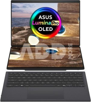 Asus | Zenbook Duo UX8407AA-SN066W | Moher Gray | 14 " | OLED | Touchscreen | 2.8K | 2880 x 1800 pixels | 144 Hz | Anti-Reflective | Intel Core Ultra X9 | 378H | 32 GB | LPDDR5X | Solid-state drive capacity 2000 GB | Intel Arc Graphics | Windows 11 Pro | 802.11be | Bluetooth version 5.4 | Keyboard language US international | Keyboard backlit | Warranty 24 month(s) | Battery warranty 12 month(s)