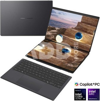 Asus | Zenbook Duo UX8407AA-SN066W | Moher Gray | 14 " | OLED | Touchscreen | 2.8K | 2880 x 1800 pixels | 144 Hz | Anti-Reflective | Intel Core Ultra X9 | 378H | 32 GB | LPDDR5X | Solid-state drive capacity 2000 GB | Intel Arc Graphics | Windows 11 Pro | 802.11be | Bluetooth version 5.4 | Keyboard language US international | Keyboard backlit | Warranty 24 month(s) | Battery warranty 12 month(s)