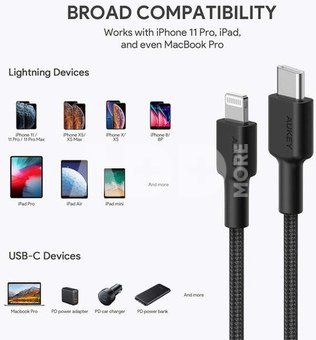 AUKEY Cable CB-CL03 Black nylon Lightning-USB C | 2m | USB Power Delivery USB-PD | certificate MFi Apple
