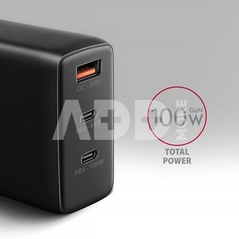 AXAGON ACU-DPQ100 GaN Wall charger 100W, 3x port (USB-A + dual USB-C), PD3.0/PPS/QC4+/Apple