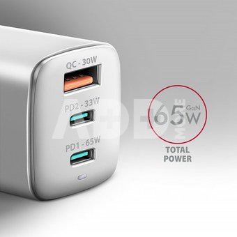 AXAGON ACU-DPQ65W GaN Wall charger 65W, 3x port (USB-A + dual USB-C), PD3.0/PPS/QC4+/Apple