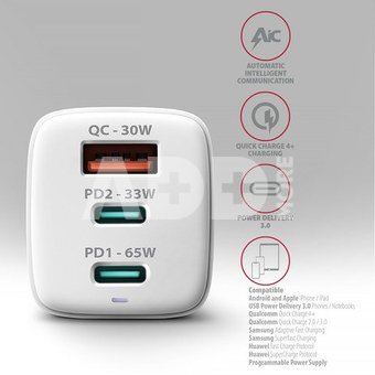 AXAGON ACU-DPQ65W GaN Wall charger 65W, 3x port (USB-A + dual USB-C), PD3.0/PPS/QC4+/Apple