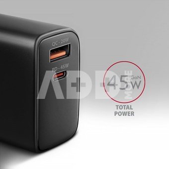 AXAGON ACU-PQ45 GaN Wall charger 45W, 2x port (USB-A + USB-C) PD3.0/PPS/QC4+/SFC 2.0/Apple