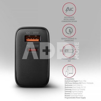 AXAGON ACU-PQ45 GaN Wall charger 45W, 2x port (USB-A + USB-C) PD3.0/PPS/QC4+/SFC 2.0/Apple