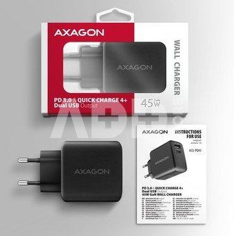 AXAGON ACU-PQ45 GaN Wall charger 45W, 2x port (USB-A + USB-C) PD3.0/PPS/QC4+/SFC 2.0/Apple