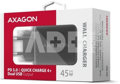 AXAGON ACU-PQ45 GaN Wall charger 45W, 2x port (USB-A + USB-C) PD3.0/PPS/QC4+/SFC 2.0/Apple