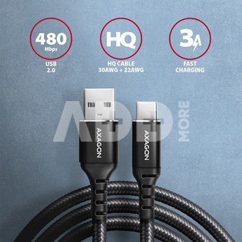 AXAGON BUCM-AM10AB HQ cable USB-C <-> USB-A, 1m, USB 2.0, 3A, ALU, braid, black