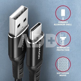 AXAGON BUCM-AM10AB HQ cable USB-C <-> USB-A, 1m, USB 2.0, 3A, ALU, braid, black