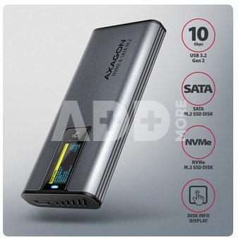 AXAGON External USB-C 10Gbps metal box with info display for M.2 NVMe and SATA SSD | EEM2-SD2