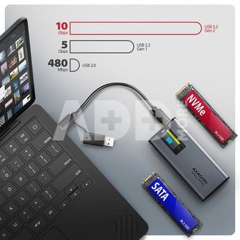 AXAGON External USB-C 10Gbps metal box with info display for M.2 NVMe and SATA SSD | EEM2-SD2