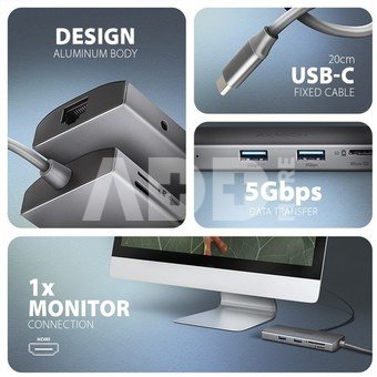 AXAGON HMC-8HLSA USB hub 8in1 5Gbps HDMI audio LAN PD