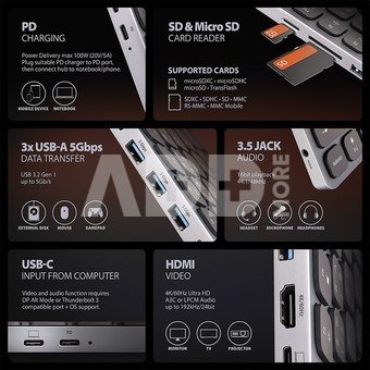AXAGON HMC-KB-US USB hub 8in1 5Gbps keyboard HDMI PD