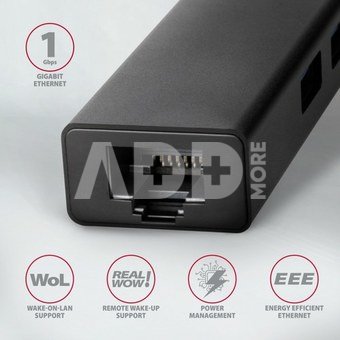 AXAGON Network card HMC-GL3A 3x USB-A + GLAN, USB 3.2 Gen 1 hub, metal, 20cm USB-C cable