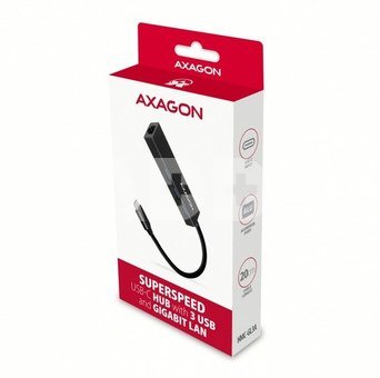 AXAGON Network card HMC-GL3A 3x USB-A + GLAN, USB 3.2 Gen 1 hub, metal, 20cm USB-C cable