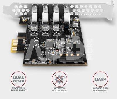 AXAGON PCI-Express card with four external USB 3.2 Gen1 ports with dual power | PCEU-43RS