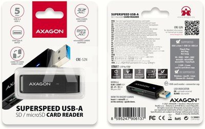 AXAGON Slim super-speed USB 3.2 Gen 1 card reader with a direct USB-A connector | CRE-S2N