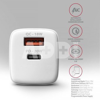 AXAGON Wallcharger 2x port (USB-A + USB-C), 20W | ACU-PQ20W