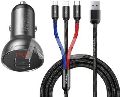 Baseus Digital Display Dual USB 4.8A Car Charger 24W with Three Primary Colors 3-in-1 Cable USB 1.2M Black Suit Grey