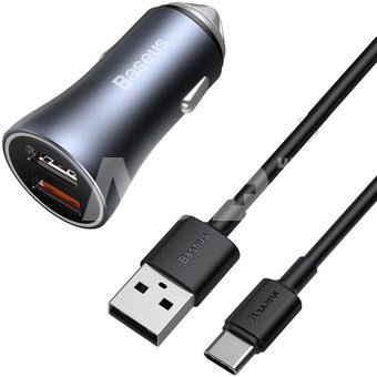 Baseus Golden Contactor Pro car charger, 2x USB, 40W + cable USB to USB-C 1m (gray)