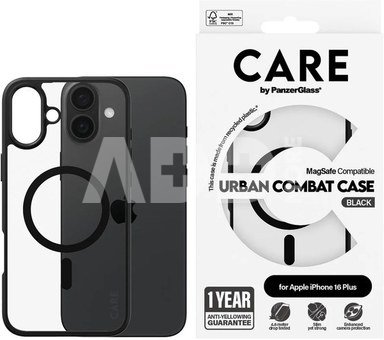 CARE by PanzerGlass Case Flagship Urban Combat | Back protection | Apple | iPhone 16 Plus | Recycled plastic | Transparent/Black | MagSafe