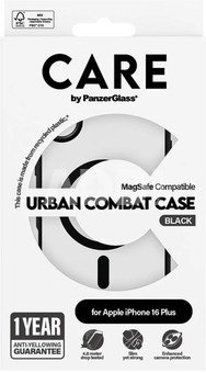 CARE by PanzerGlass Case Flagship Urban Combat | Back protection | Apple | iPhone 16 Plus | Recycled plastic | Transparent/Black | MagSafe