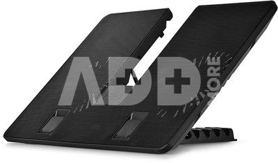 Deepcool ergonomic stand- cooler. black , USB 3.0 pass- truoght, it can be used as a notebook stand and/or cooling pad. The adjustable anti-skid holders are compatible ~15.6" laptops. The two 140mm silent fan and full range mesh surface with aerodynamic designed intake provide silent and efficient cooling.