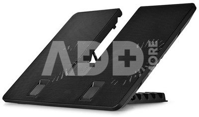 Deepcool ergonomic stand- cooler. black , USB 3.0 pass- truoght, it can be used as a notebook stand and/or cooling pad. The adjustable anti-skid holders are compatible ~15.6" laptops. The two 140mm silent fan and full range mesh surface with aerodynamic designed intake provide silent and efficient cooling.