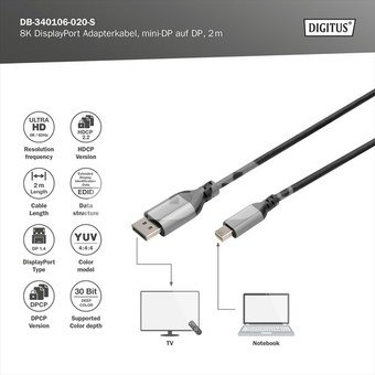 Digitus 8K DisplayPort Adapter Cable, Mini DP to DP, 2 m | DB-340106-020-S | DisplayPort to DisplayPort