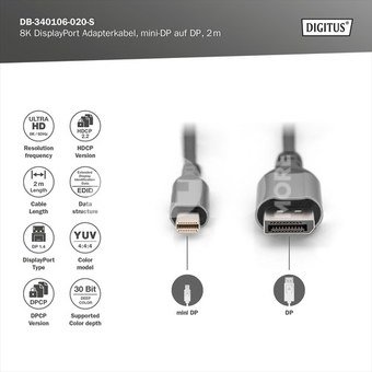 Digitus 8K DisplayPort Adapter Cable, Mini DP to DP, 2 m | DB-340106-020-S | DisplayPort to DisplayPort