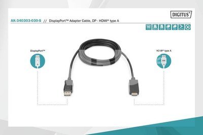 Digitus Adapter cable Displayport 1.2 with interlock 4K 60Hz UHD Typ DP/HDMI A M/M black 3m