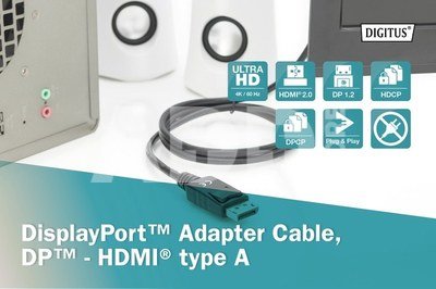 Digitus Adapter cable Displayport 1.2 with interlock 4K 60Hz UHD Typ DP/HDMI A M/M black 3m