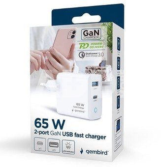 Gembird GaN USB-A USB-C Charger LED 65W PD QC3.0 white