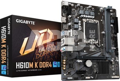 Gigabyte H610M K DDR4 1.0 M/B Processor family Intel, Processor socket LGA1700, DDR4 DIMM, Memory slots 2, Supported hard disk drive interfaces  SATA, M.2, Number of SATA connectors 2, Chipset Intel H610 Express, Micro ATX