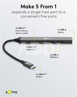Goobay Slim 5-Port USB Hub, USB-C to USB-C/USB-A, 5 Gbit/s | 74460
