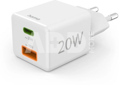 00201991 Fast Charger 1x USB-C 1x USB-A, Mini Charger, PD, 20W, White