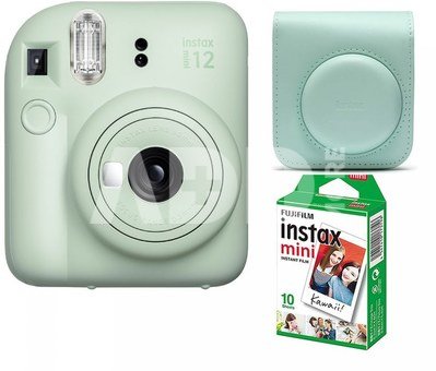 Fujifilm Instax mini 12 camera Mint Green + Instax Mini Glossy (10pl) + dėklas