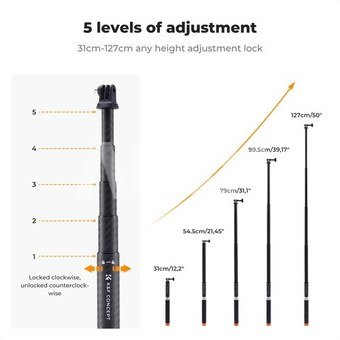 K&F Concept Invisible Selfie Stick, Extension Carbon Long Pole（127cm/50in）