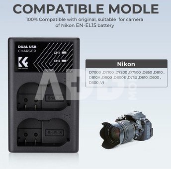 K&F Concept K&F EN-EL15 Digital Camera Dual Channel Charger with type c Charging Cable
