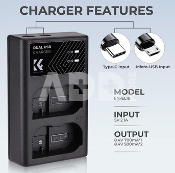 K&F Concept K&F EN-EL15 Digital Camera Dual Channel Charger with type c Charging Cable