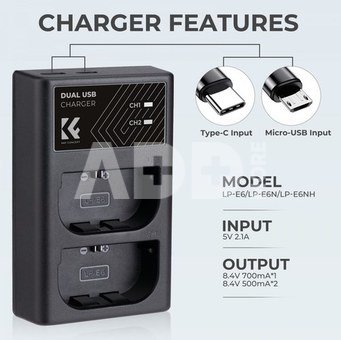 K&F Concept K&F LPE6NH Digital Camera Dual Channel Charger with type c Charging Cable