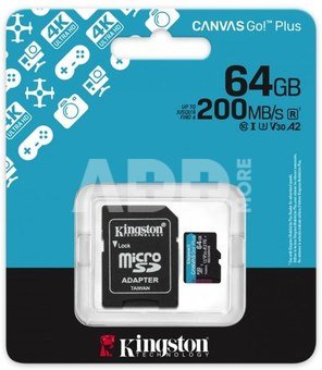 KINGSTON 64GB UHS-I microSD Memory Card with SD Adapter (Class 10, U3, V30)