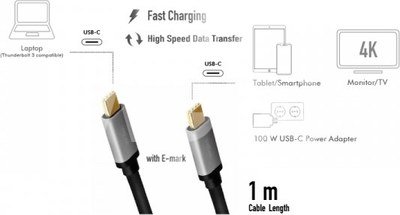 Logilink USB 3.2 Gen 2 cable, C/M to C/M, 4K/60Hz, PD,alu CUA0107 1 m, USB-C male, USB-C male