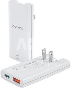 Mini travel wall charger Choetech PD6011 PD65W GaN slim USB-A+C (white)