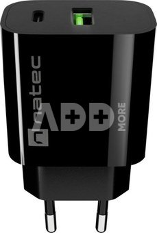 Natec Ribera USB Charger 1X USB-A + 1X USB-C 20W, Black