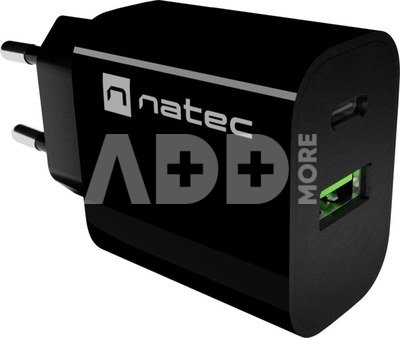 Natec Ribera USB Charger 1X USB-A + 1X USB-C 20W, Black